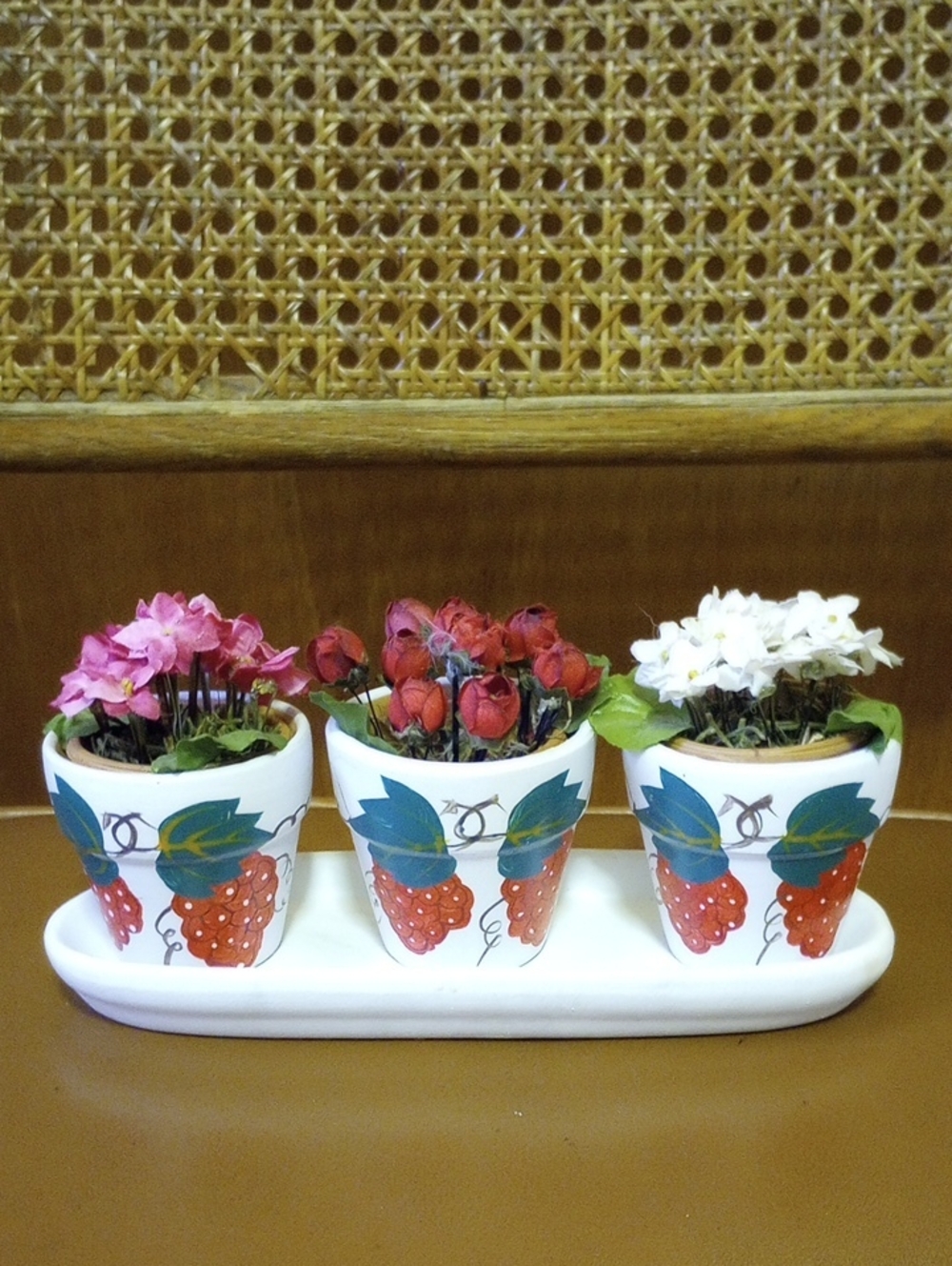 3 Potted Faux Floral Arrangement Set w/ Caddy.  & Strawberry/Raspberry Design